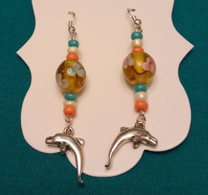 Flowered beads w/ Dolphin charm earrings